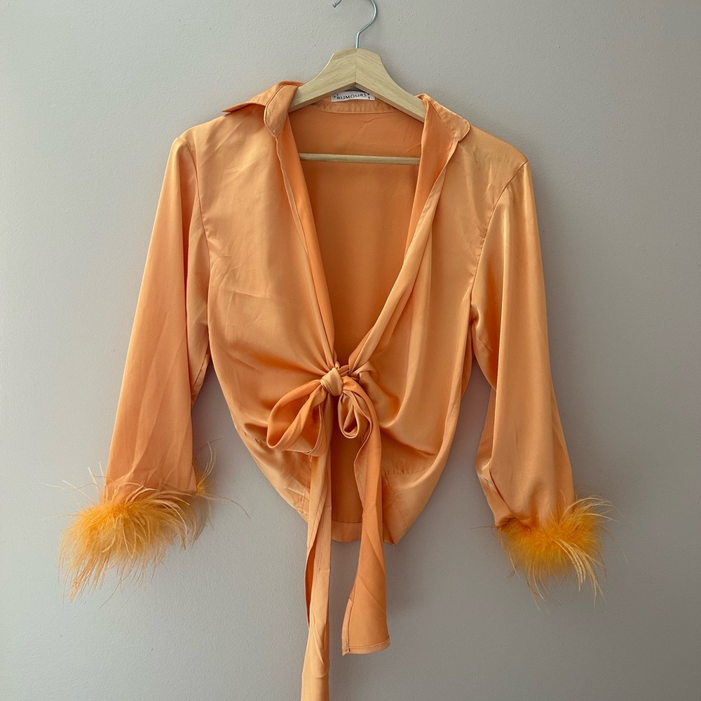 Rumored Orange 3/4 Sleeve Tie-Front Blouse